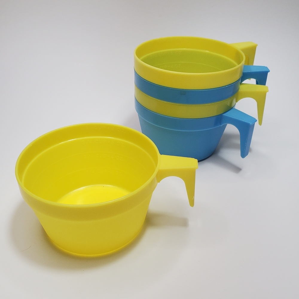 Yellow and Blue Stackable Cups With Handle Vintage Camping Picnic Set of 5